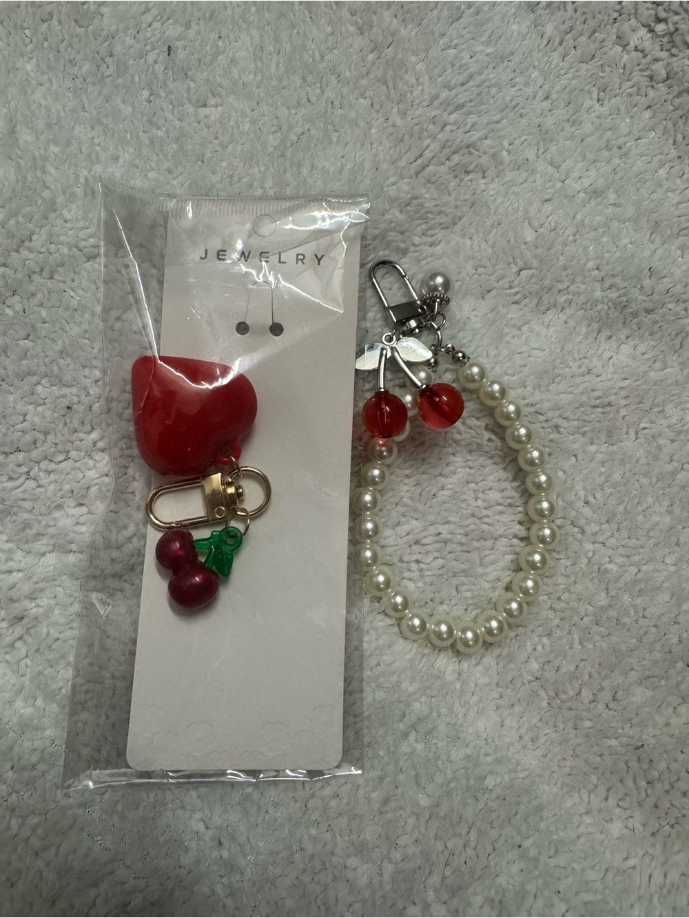 Pearl Bracelet Key & Card Holder with Red Cherry Charms
